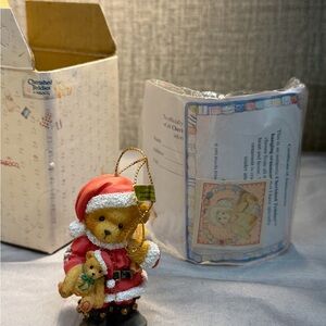 Cherished Teddies Bear Ornament in Red Santa Outfit with Gold Loop